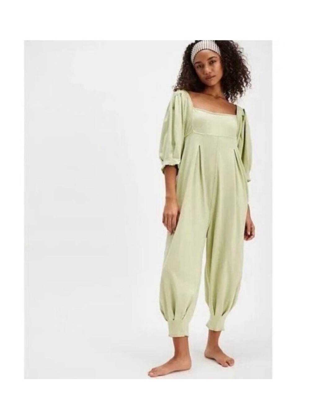 Free People Lotta Love Romper Jumpsuit XS Sage Green Puff Sleeve nwot